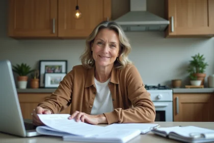 Femme d'âge moyen souriante dans sa cuisine avec papiers et ordinateur