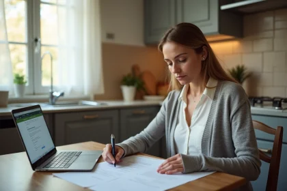 Femme seule consultant des documents administratifs de la CAF après une séparation dans une cuisine d'appartement