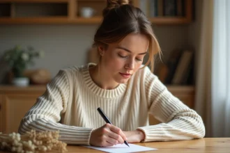 Femme écrivant un message touchant à la main sur une carte postale posée sur une table en bois