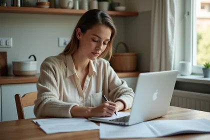Femme écrivant une lettre dans une cuisine chaleureuse