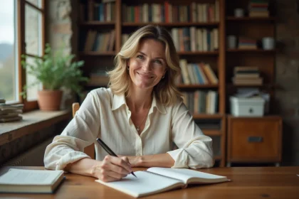 Femme écrivant un texte d'anniversaire touchant à la main sur une carte postale, assise à un bureau en bois rustique avec un stylo plume vintage