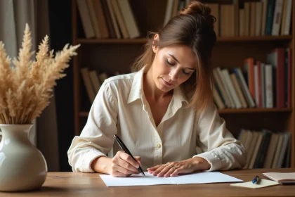 Femme écrivant un poème émouvant pour sa marraine à un bureau en bois avec une plume et des fleurs séchées