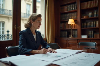 Femme élégante dans la cinquantaine examinant des documents immobiliers et des plans architecturaux dans un bureau parisien haut de gamme, illustrant les montages immobiliers familiaux