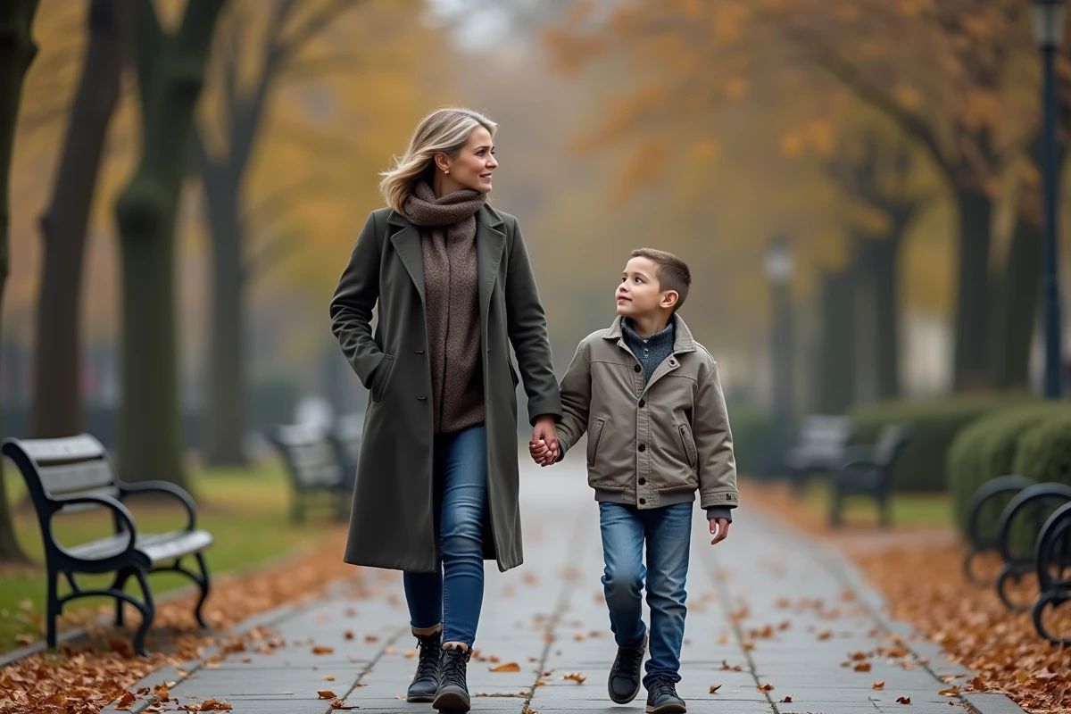 Femme et enfant marchant dans un parc en automne