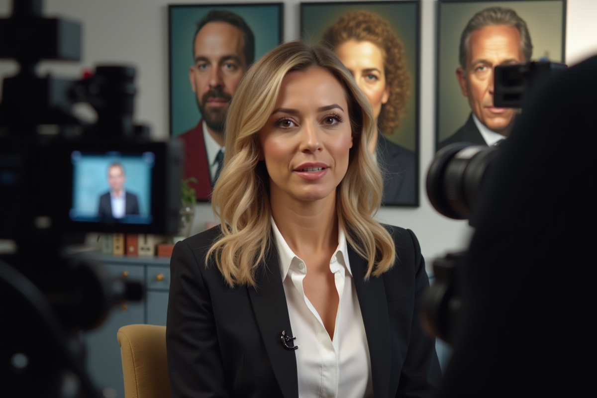 Femme professionnelle donnant une interview dans un studio lumineux