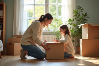 Femme et fille déballant des cartons dans un salon lumineux