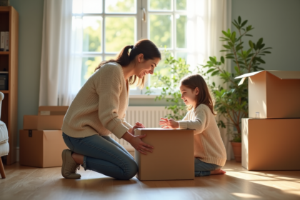 Femme et fille déballant des cartons dans un salon lumineux