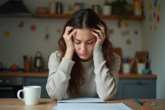 Femme fatiguée en cuisine avec dessins d'enfants