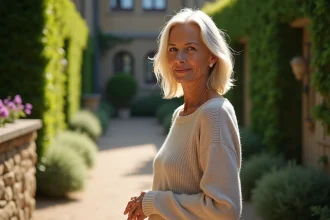 Femme d'une cinquantaine dans un jardin paisible et ensoleille