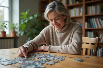 Femme d'âge moyen assemble un puzzle dans un salon lumineux
