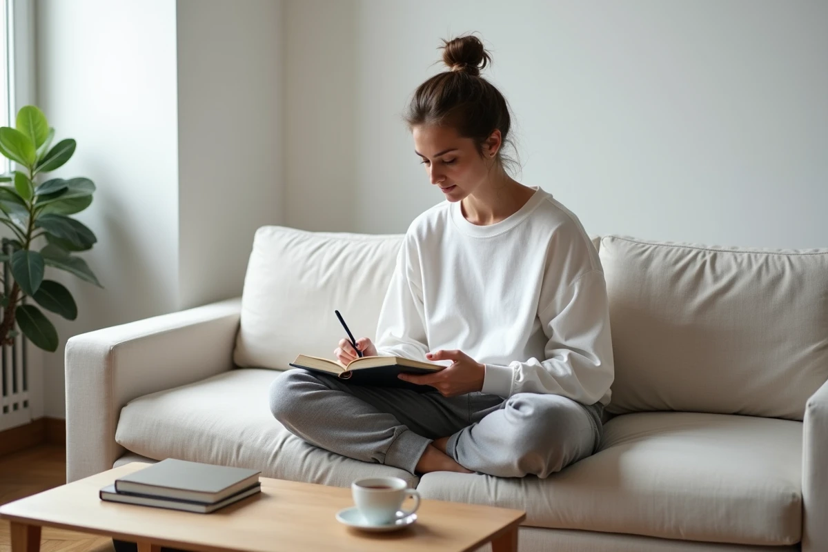 Femme seule dans son appartement écrivant dans un journal intime sur le thème de l'amour et de la connaissance de soi
