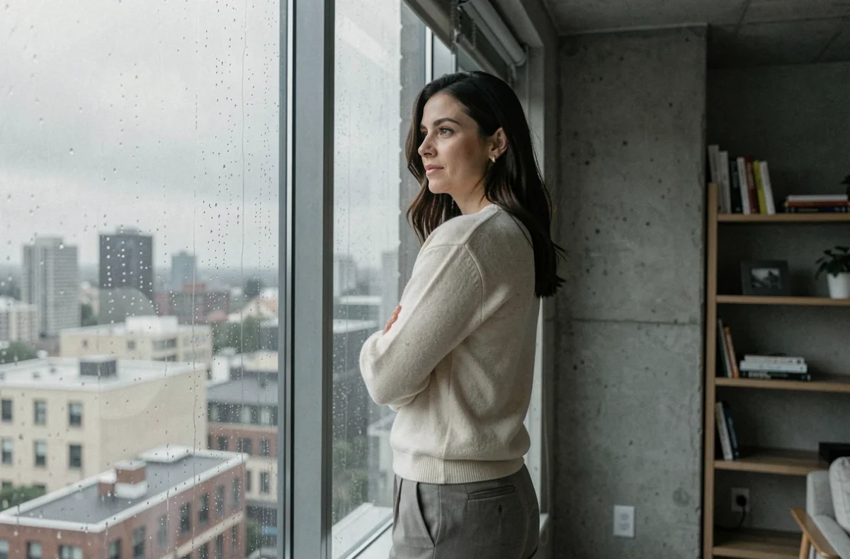 Femme seule debout près d'une fenêtre embuée dans un appartement moderne, regard mélancolique vers la ville, évoquant une relation amoureuse complexe