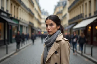 Femme élégante dans une rue parisienne avec trench beige
