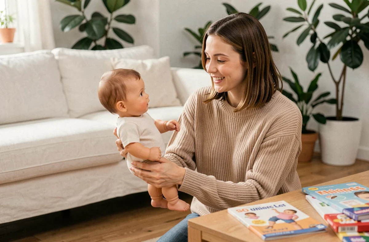 Femme souriante tenant un poupon marcheur réaliste dans un salon moderne avec catalogues de jouets