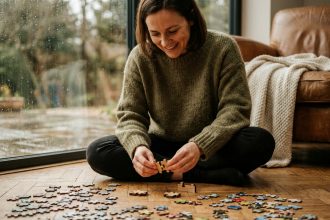 Femme adulte assemblant un puzzle de construction en bois sur le parquet d'un salon un mercredi pluvieux