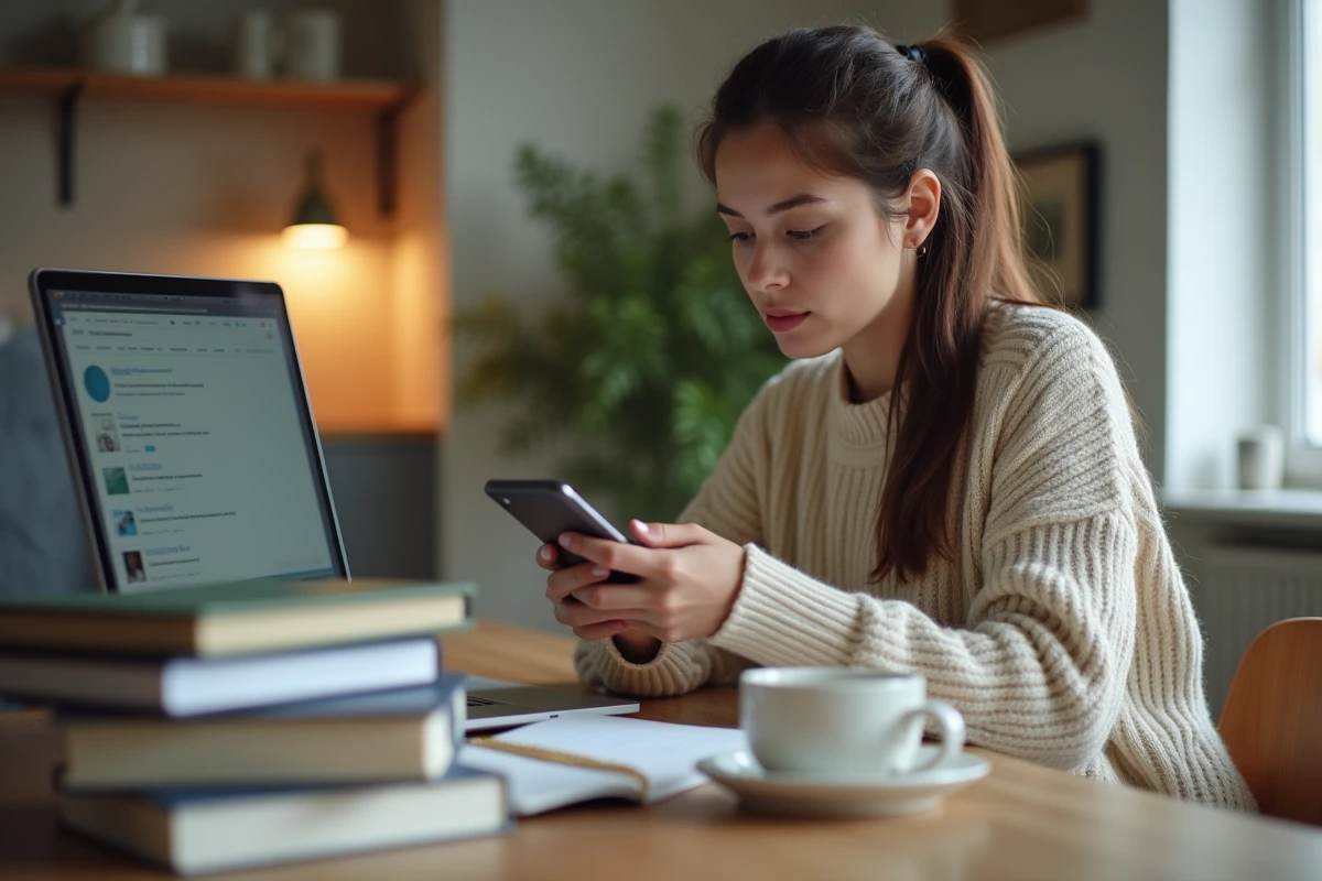Jeune femme consultant son smartphone sur des rumeurs en ligne dans un espace de travail minimaliste