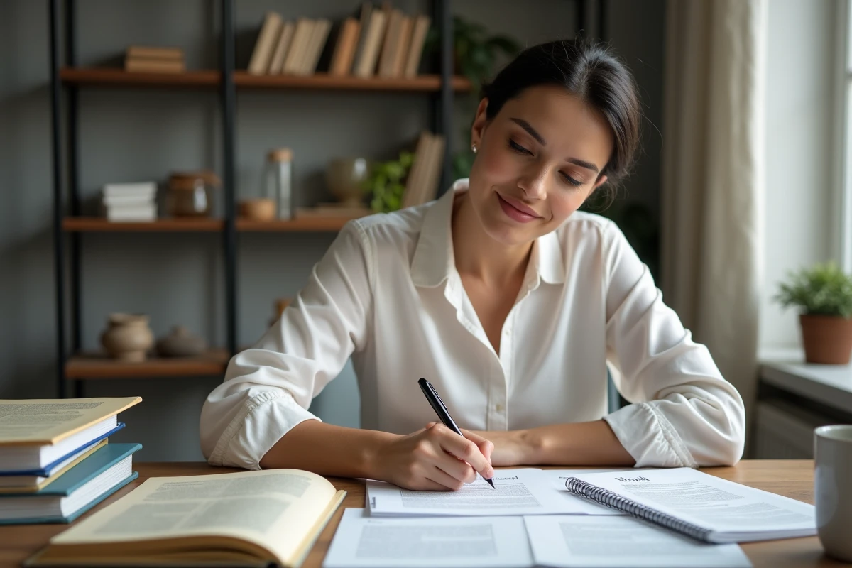 Femme rédigeant un testament olographe à domicile entourée de guides juridiques sur les frais de notaire