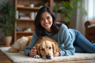 Femme souriante caressant un golden retriever dans un salon chaleureux