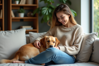 Jeune femme caressant un retriever dans un salon cosy