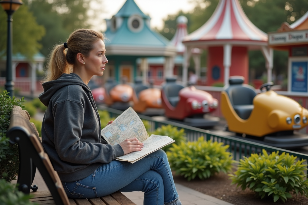 Femme seule sur un banc devant attraction Disney
