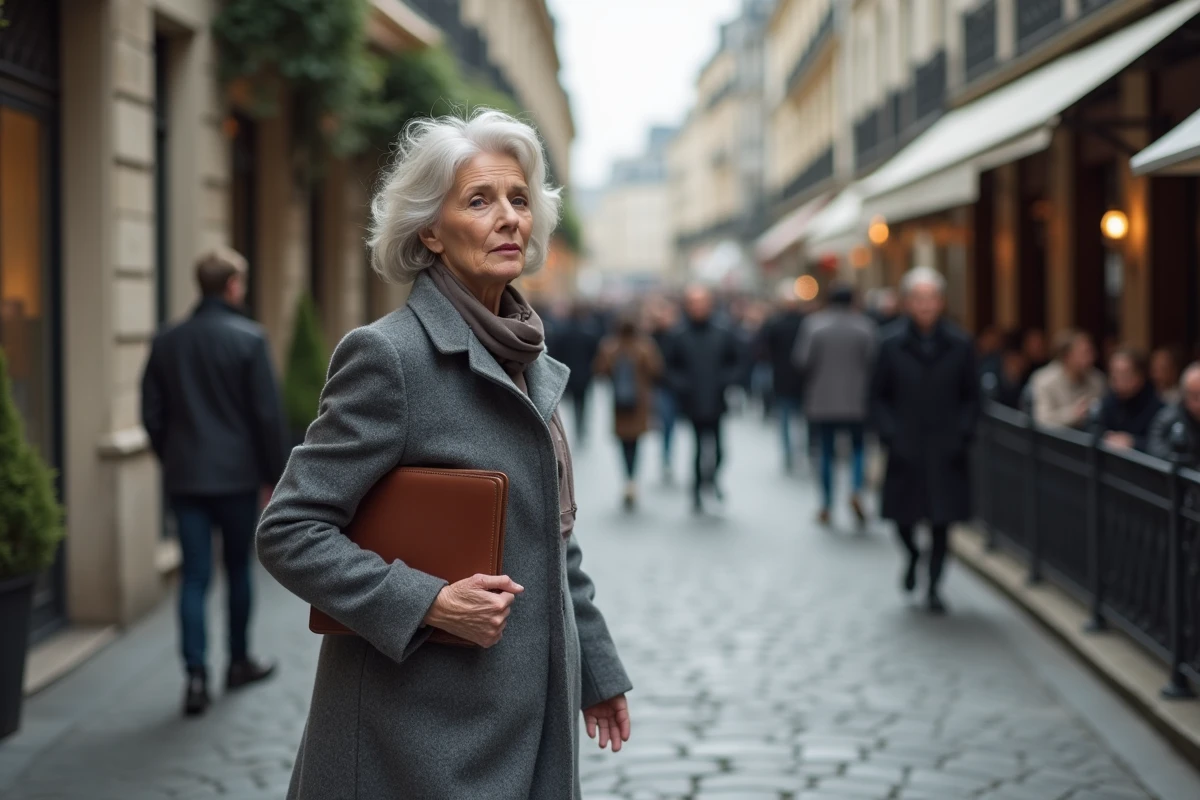 Femme marchant dans une rue parisienne avec une expression de méfiance, illustrant la tension entre exposition médiatique et respect de la vie privée