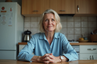 Femme d'âge moyen souriant doucement dans sa cuisine