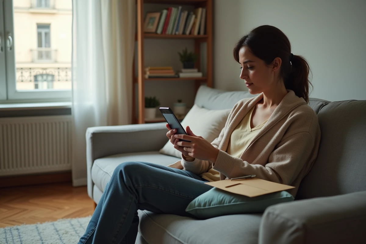 Femme utilisant son smartphone pour accéder aux services en ligne de la CAF après une séparation