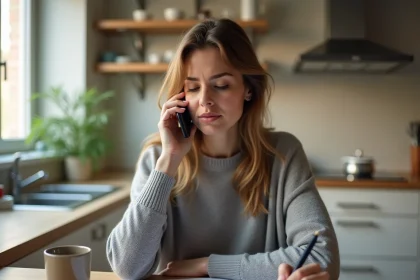 Femme au téléphone cherchant à contacter un conseiller Pajemploi depuis sa cuisine avec des documents administratifs