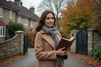 Femme avec manteau d'automne devant maison de banlieue