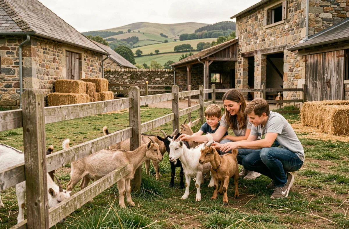Famille avec de jeunes enfants caressant des chèvres dans la cour de la Ferme de la Marinette à Chapdes-Beaufort