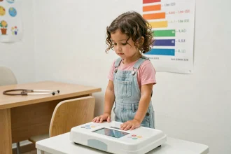 Petite fille de 4 ans debout sur une balance pédiatrique dans un cabinet médical, regardant l'écran avec curiosité