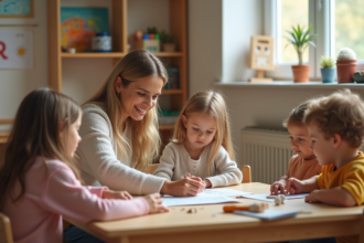 Jeune femme avec enfants en classe Montessori