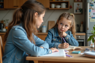 Jeune fille de 10 ans aidée par sa mère à faire ses devoirs