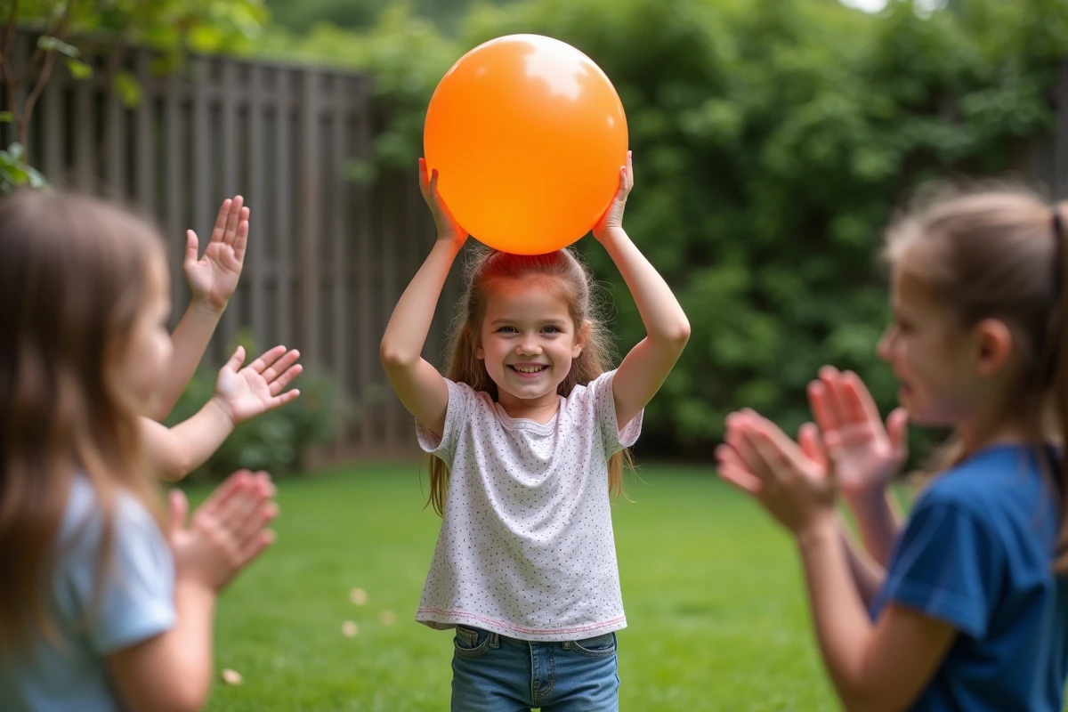 Fille souriante équilibrant un ballon orange dans un jardin