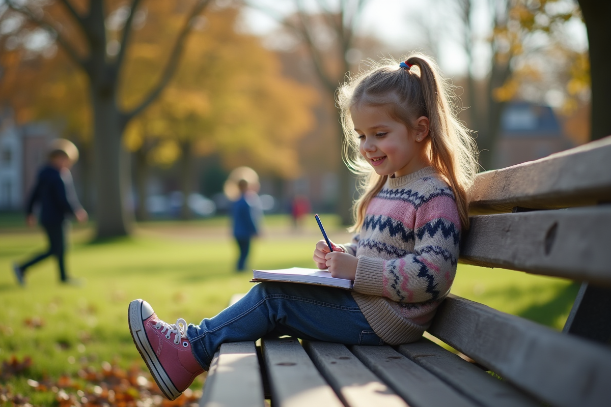 Fille de 9 ans dessinant sur un banc dans un parc