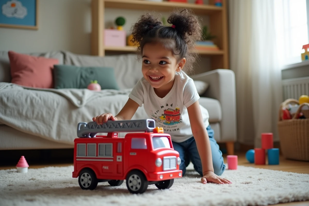 Fille jouant avec un camion de pompier miniature dans le salon