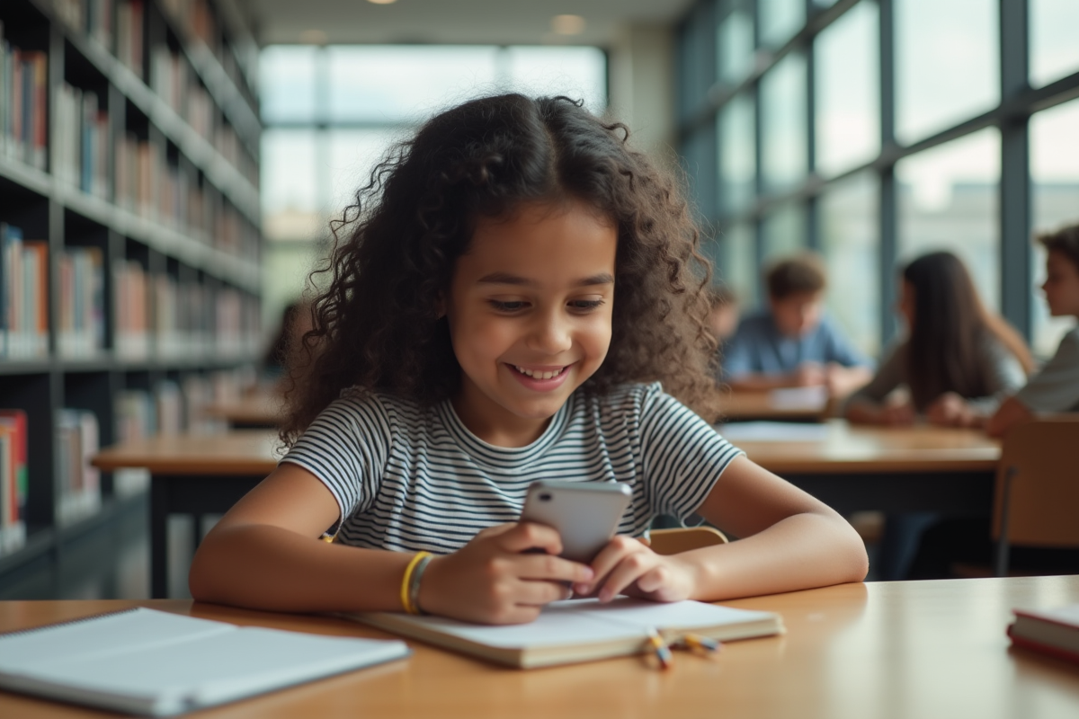 Fille avec smartphone dans une bibliothèque moderne