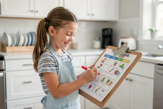 Fillette souriante en tablier tenant un planning de tâches ménagères imprimé sur un presse-papiers en bois dans une cuisine moderne