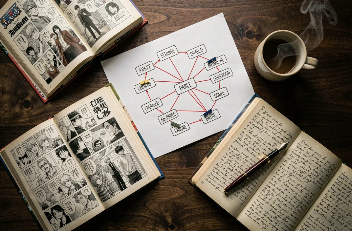 Flat lay de manga One Piece et notes de théories sur l'arbre généalogique des Figarland et le frère de Shanks