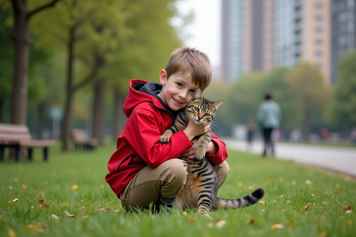 Garçon jouant avec son chat dans un parc urbain ensoleille