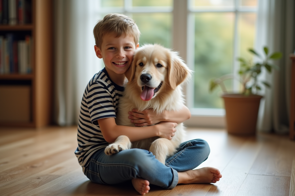 Garçon heureux avec un chien dans un salon chaleureux