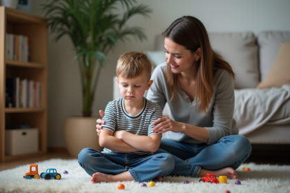 Jeune garçon fâché assis avec une mère rassurante