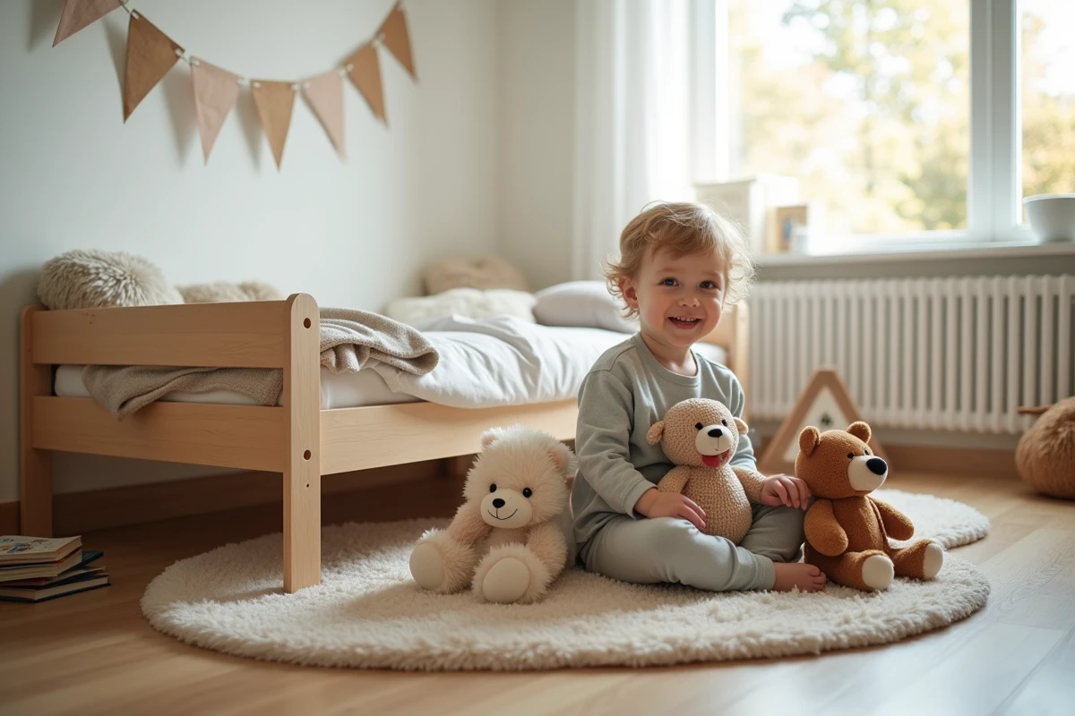 Jeune garçon arrangeant ses peluches pour le coucher