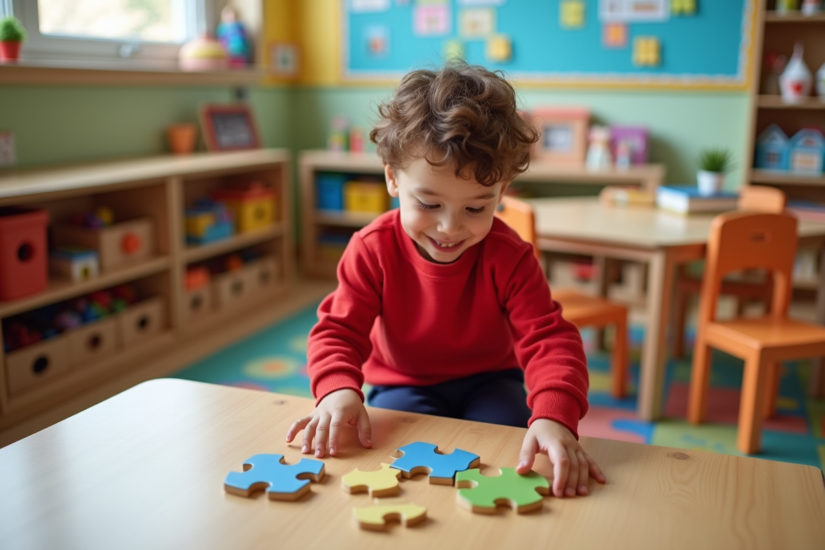 Garçon de 3 ans examine des pièces de puzzle dans la classe