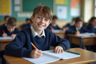 Adolescent souriant en uniforme scolaire remplissant un calendrier
