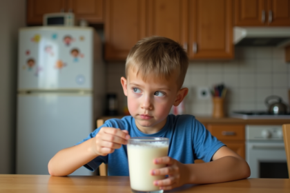 Garçon de 9 ans pensif avec un verre de lait dans la cuisine