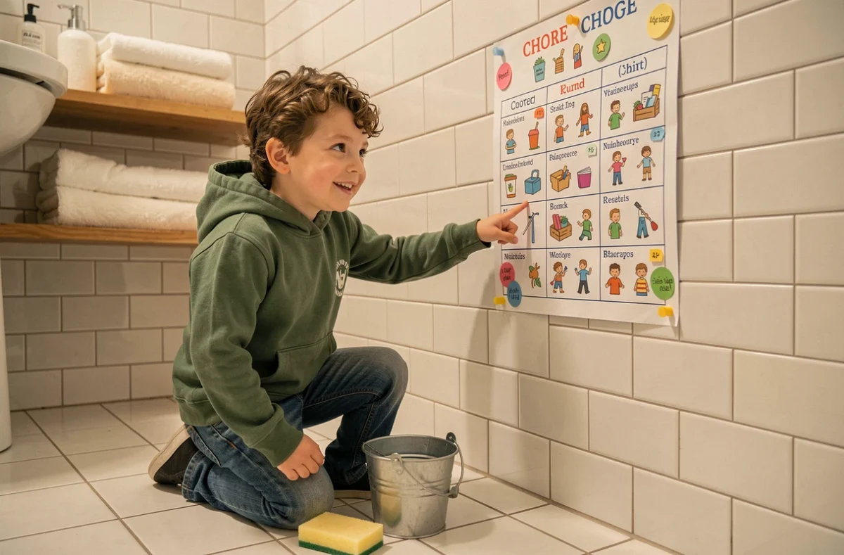 Garçon agenouillé dans la salle de bain montrant fièrement son planning de corvées illustré avec des autocollants colorés