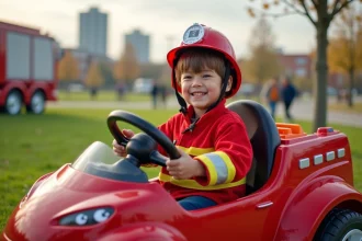 Jeune garçon en costume de pompier dans un camion futuriste