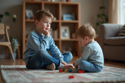 Garçon pensif de 9 ans dans un salon familial