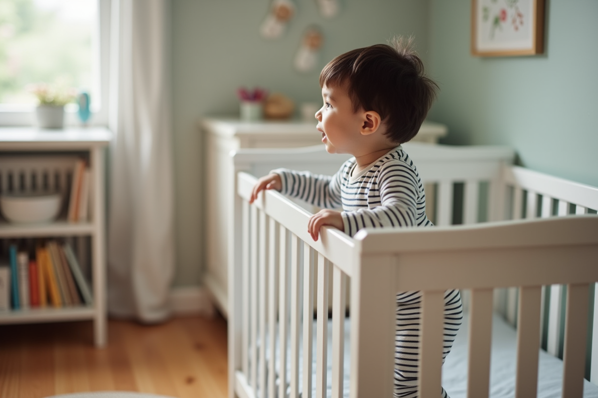 Garçon debout regardant par la barrière du lit